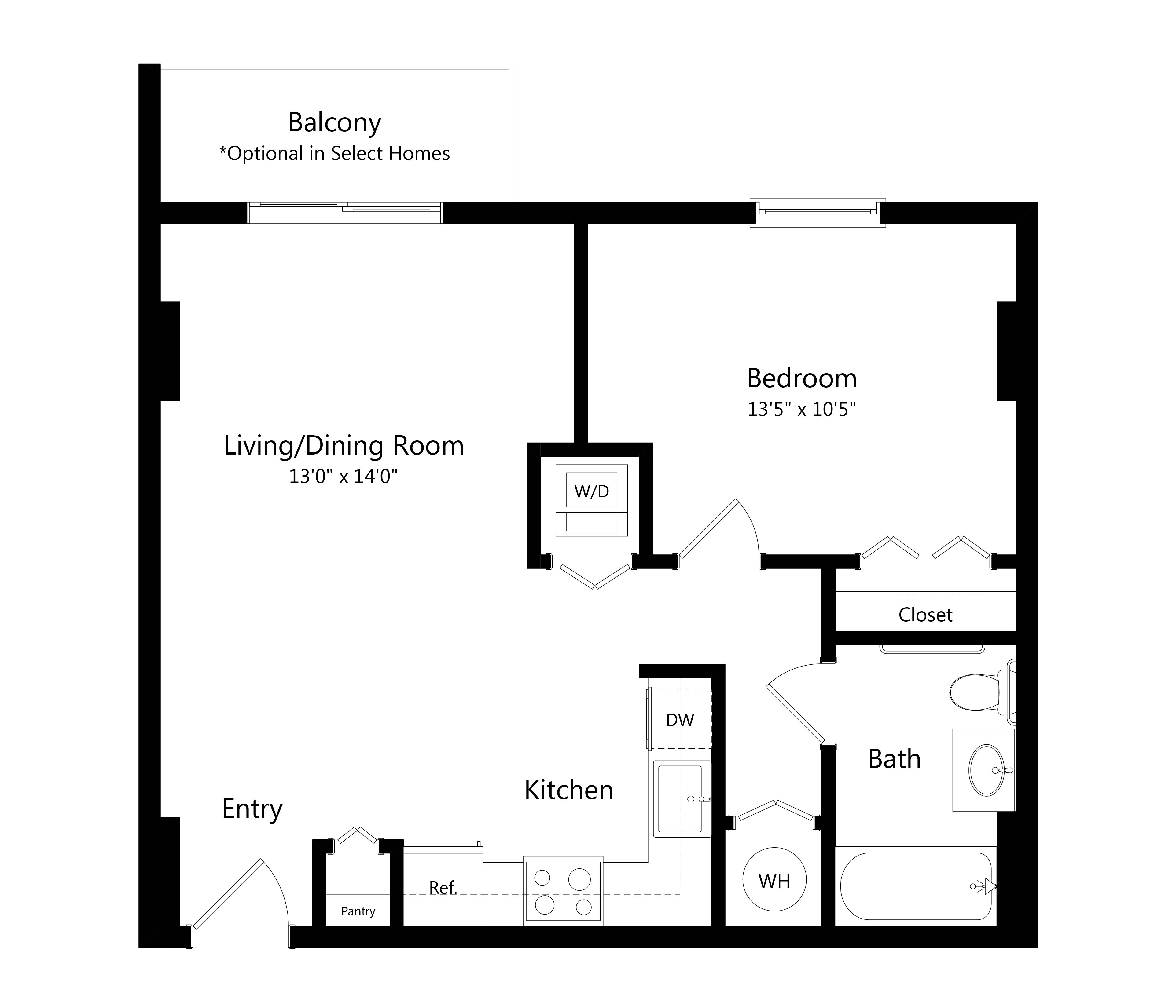 Floor plan for 1 bed, 1 bath, 592 sqft